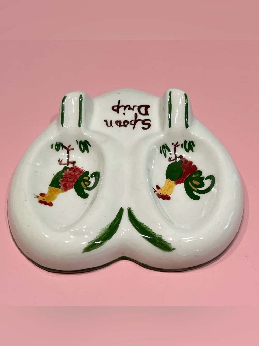 Vintage 50s Heart Shaped Double Spoon Rest Rooster MCM Country Farmhouse Kitschy